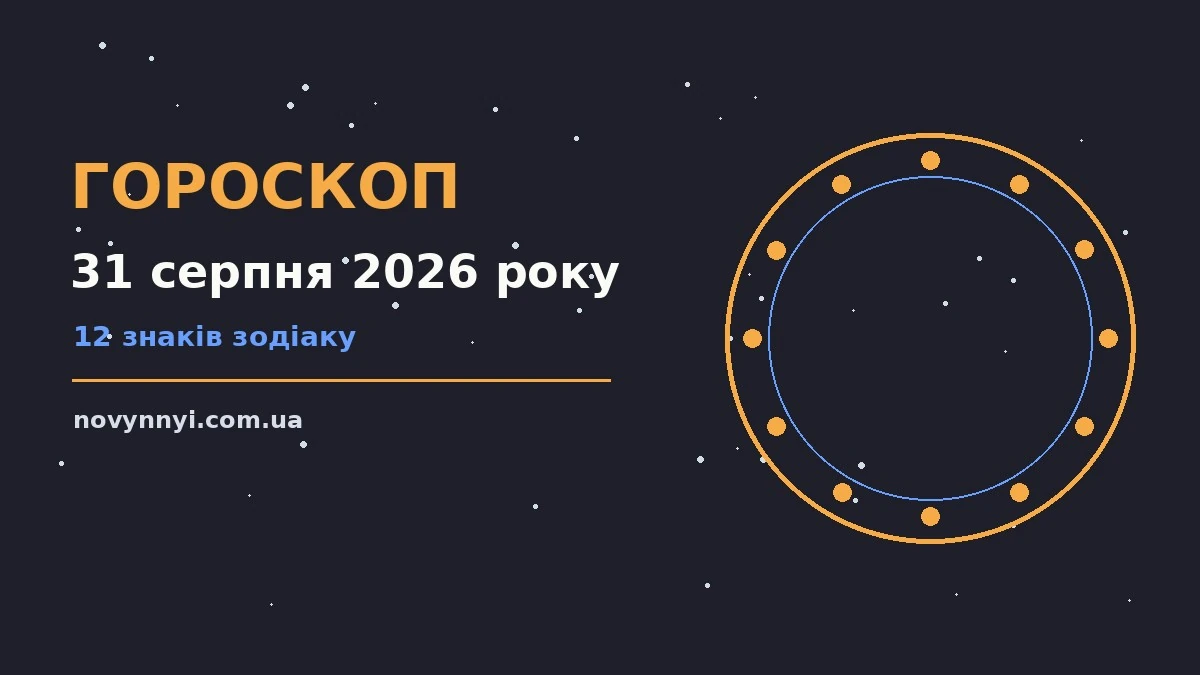 Космічна ілюстрація із знаками зодіаку на тлі зоряного неба, що символізує гороскоп на 31 серпня 2026 року